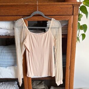 Beige Women's Top with Sheer Sleeves